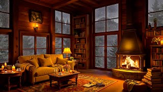 Cozy Room Ambience with Smooth Jazz Music ⛈️ Rain \u0026 Fireplace Sounds for Reading, Sleeping, Relaxing