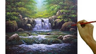 Acrylic Landscape Painting in Time-lapse / Waterfalls and Rushing River in the Forest / JMLisondra