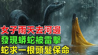 民間故事：女子雨天去河邊，發現蟒蛇被雷擊，蛇求一根頭髮保命