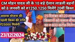 CM मोहन यादव जी ‌के 10 बड़े ऐलान|लाडली बहनों को 8 जनवरी को  रु1250 मिलेगी|Awas Rashi