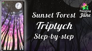 Sunset Forest TRIPTYCH - Step by Step Acrylic Painting on Canvas for Beginners