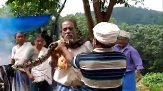 Watch: Huge python wraps itself around man’s neck, tries to choke him