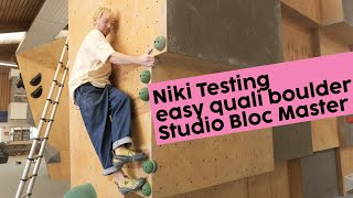 Climbing an easy qualification boulder at Studio Bloc Masters 2024 - Set by Maelys Agrapart