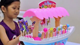 Drama Hana Main Jualan Es Krim Beneran & Permen Lollipop Pakai Mainan Ice Cream Cart Uangnya Beneran