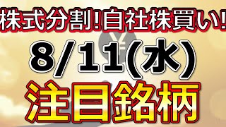 株式分割！自社株買い！【8月11日(水)の注目銘柄まとめ】本日の株式相場振り返りと明日の注目銘柄・注目株・好材料・サプライズ決算を解説、株式投資の参考に。