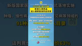 新版国家医保药品目录1月1日落地实施，新增91种药品。预计2025年将为患者减负超500亿元。（来源：国家医保局、央视财经；编辑：周志钊；责编：郭少媚）#医保  #药品  #好消息