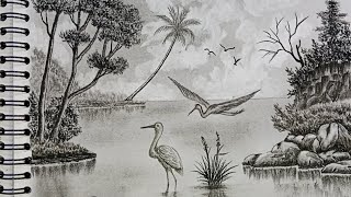 drawing beautiful scenery with charcoal pencil || cranes in the sea