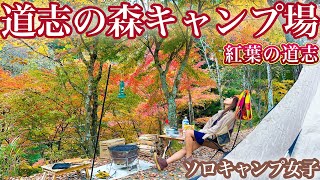 【ソロキャンプ女子】紅葉ピークの道志の森でソロキャンプ！爆風落ち葉シャワーに満天の星！鉄板でお好み焼き！FIELDOORのソロキャンプぴったりテーブル紹介！！