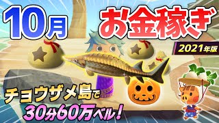 【あつ森】10月のお金の稼ぎ方！時間操作なしで30分60万ベルを安定して稼ぐ最強の方法を紹介！チョウザメ島やかぼちゃなど超オススメの金策法！【あつまれどうぶつの森　10月お金の稼ぎ方】