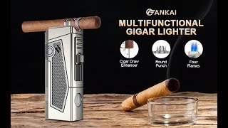 FANKAI Quad Flame Cigar Lighter with Punch Stand Draw Enhancer