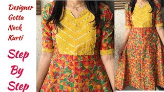 DIY Designer Kurti Cutting and Stitching | Designer Gotta Lace Neck Design