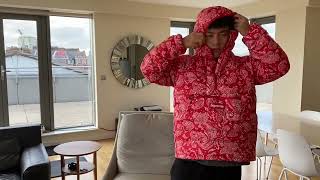 Supreme Week 6 Micro Down Half Zip Hooded Pullover Red Bandana \u0026 Faux Fur Jacket quick look FW22