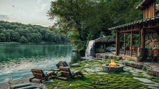 Lakeside Porch Ambience with Campfire and Relaxing Jazz Music - Background Music For Relaxation