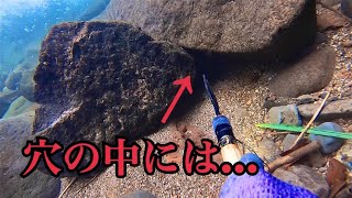 暗い岩穴の獲物に竹ヤスをぶっ刺してみたら穴の中から…【渓流魚突き】