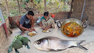 Fish Curry । Village Traditional KATLA FISH With GREEN COULIFLOWER Recipe prepare by Mother \u0026 Son