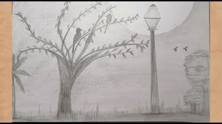 how to draw scenery of moonlight night by pencil sketch/How to draw love birds scenery with pencil