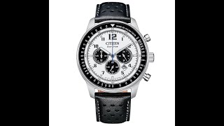 【CITIZEN】亞洲限定款 Chronograph 熊貓光動能三眼計時小牛皮腕錶/黑x白面  CA4500-32A