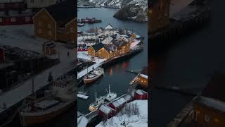 A breathtaking drone flight over the village of Nusfjord in the Lofoten Island in Norway #shorts