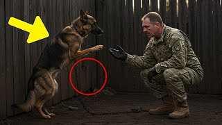 K9 German Shepherd with chains around his neck desperately shows his paw to a soldier who did this