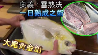 【雪熟法】四斤級大金鯧，肉質油而不膩，細且彈牙，郭師傅使出秘技，一天之內讓魚肉完熟之餘，還讓肉質保持硬質狀態。＠料理中的料理人 郭宗坤