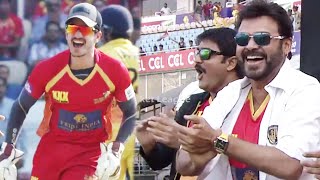 Akhil Akkineni, Nagarjuna and Venkatesh Celebrating Chennai Vishnu Vishal's Wicket Celebrity Cricket