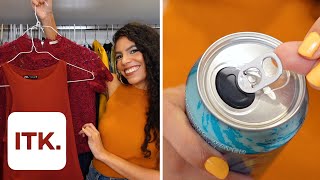 Hang multiple garments in your closet by using soda can tabs on the hangers | space-saving hack