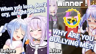 Pekora and Okayu play clubhouse games; Pekora boasts, gets nonstop bullied and degraded by Okayu