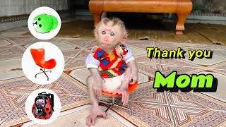 baby monkey Tina feels grateful to her mother and likes the gifts she gives her