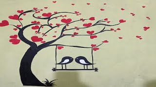 New design wall painting😍 || heart tree with love birds 🥰🥰🥰|| #alina'creations