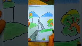 cara menggambar pemandangan gunung, jalan,sungai@UlfahWahyudiart