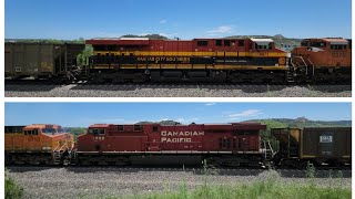 TWO CPKC UNITS! BNSF 8454 LEADS A NB EMPTY CEFX COAL TRAIN WITH CP 3868 AND KCS 4871 6/22/23