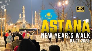 New Year’s Walk in Astana | 4K | Fireworks and Festive Atmosphere at Qazaq Eli