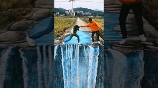 FALLING IN WATERFALL 😱 Amazing art on road  #shorts #arts #drawing