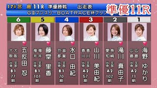 【GⅢ宮島準優11R】①海野②滝川③山川⑤藤堂ら出走、2つ目準優勝戦