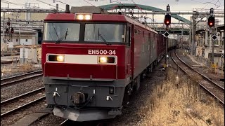 【約１時間１０分遅れ】JR貨物EH500形34号機＋コキ20B（両）が大宮駅4番線を通過するシーン（3054レ・仙貨A133・コンテナ輸送）2024.1.7