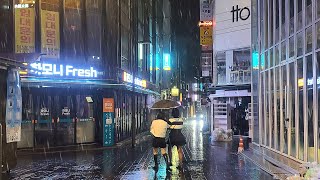 Heavy Rain Walk Seoul 2AM, Myeongdong Sogongdong - Binaural Rain Sounds for Sleep 4K