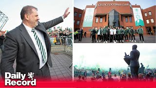 Celtic fans celebrate outside Celtic Park after securing Scottish Premiership title