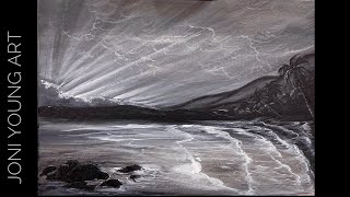Acrylic Painting Tutorial/ Black and white Limited Palette/ ocean, waves, & sun rays! landscape