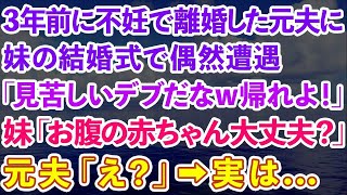 【スカッとする話】3年前に不妊を理由に私を捨てて離婚した元夫と妹の結婚式で再会。元夫「見苦しいデブだなw帰れよ！」妹「お腹の赤ちゃん大丈夫？」元夫「え？」→実は