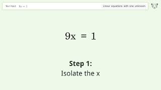Linear equation with one unknown: Solve 9x=1 step-by-step solution