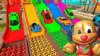 Learn Colors with 5 Street Vehicles and Surprise Soccer Ball Flying Car Lego Play for Kids