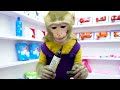KiKi Monkey go shopping Kinder Joy Eggs at store and get trouble in the toilet  KUDO ANIMAL KIKI
