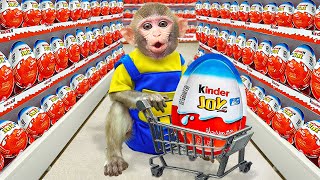 KiKi Monkey go shopping Kinder Joy Eggs at store and get trouble in the toilet | KUDO ANIMAL KIKI