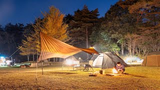 BBQ camping at a campground with beautiful autumn leaves and ginkgo trees