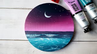 How to paint pink sky seascape painting on round canvas | Easy acrylic painting for beginners
