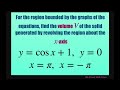 Find volume of solid generated by revolving about the x axis for y = cos x +1, x = pi, y = -pi, y=0