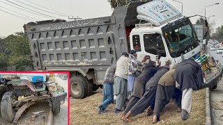 Emergency repair: the front end is almost completely damaged in a truck road accident