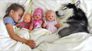 My super fun day with Baby Dolls and Dog, Sofia pretend play with toys for girls