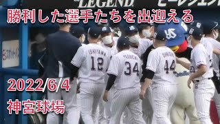 つば九郎、勝利した選手たちを出迎える 2022/6/4