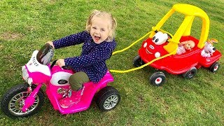 Little Girl Elis Ride On Pink Harley with Cozy Coupe Little Tikes /w Thomas Toys Excavator Bulldozer